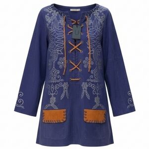 UNDERSTATED BRAND Embellished BluePURPLE Tunic DRESS OR TOP 100% LEATHER SUEDE